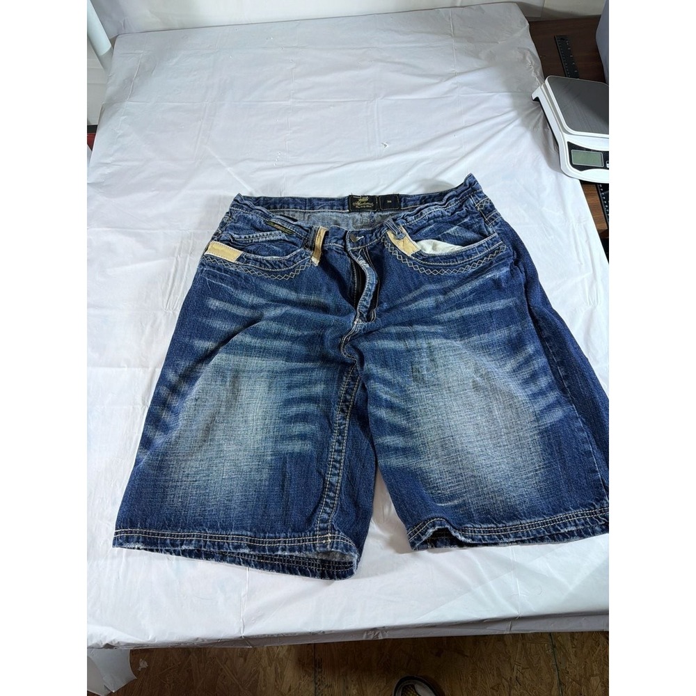 Akademiks Mens Denim Shorts‎ 38 Blue Embroidered Leather Trim Y2K Baggy Hip Hop